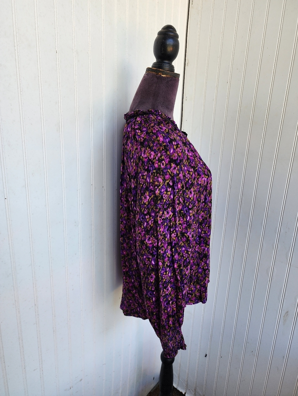 Democracy Womens Ruffle Edge V-Neck Floral Print Woven Long Sleeve Top Purple  L - Picture 6 of 16